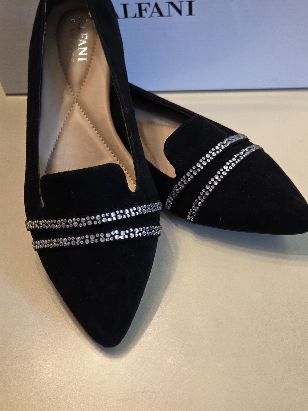 Alfani Black Pointed Rhinestone-Embellished Slip-On Flats